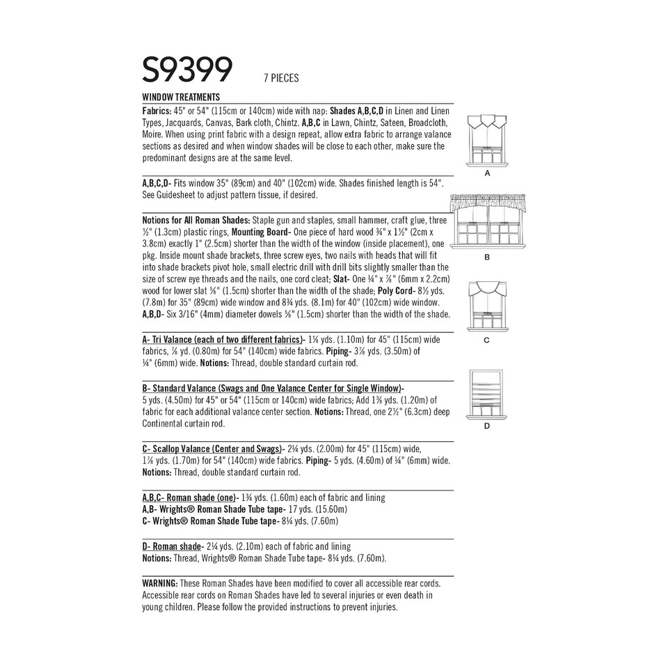 Simplicity Pattern 9124 SIMPLICITY 9399 WINDOW CURTAINS ROMAN BLINDS VALANCES Sewing Pattern ...