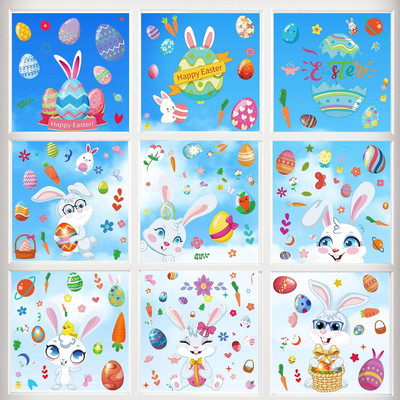 9 Sheets Easter Window Clings for Glass Windows, Easter Decorations Bunny Radish