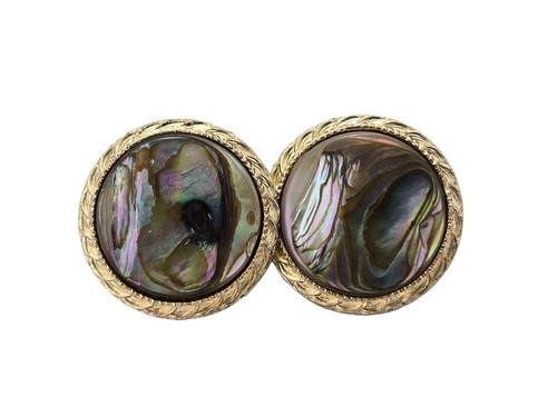 Vintage Japan Gold Tone Clip Earrings w/ Abalone Disk - Picture 2 of 5