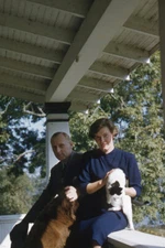 1950s Red Border Kodachrome Slide Man and Woman on Covered Porch w Cat and Dog