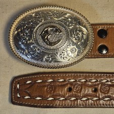 Montana Silversmiths Silver Plate Belt Buckle Tooled Leather Belt 32 016550