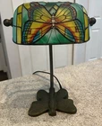 Vintage Tiffany Styled Bankers Stained Glass Dragonfly Butterfly Desk Lamp