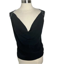 Vintage Cacharel Cowl Neck Silk Tank Blouse Rhinestone Embellished Size M Black