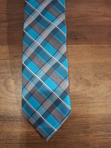 George Mens Necktie Light Blue Silver Plaid Shimmery - Picture 3 of 4