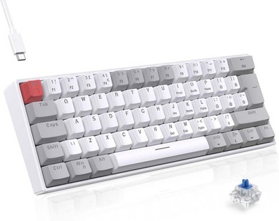 TECURS 60% Mechanische Gaming Tastatur Blue Switch Kabelgebunden LED UK Layout Weiß Grau