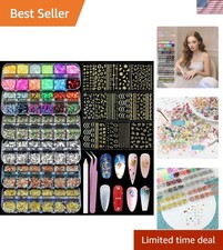 Nail Art Decoration Kit: 15 Sheets Gold Stickers  6 Boxes 3D Charms  Gems