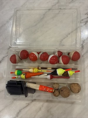 Large Lot Of 20 Vintage Fishing Bobber Floats Various Sizes W Storage Case USED
