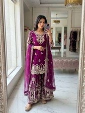 Latest Designer Faux Georgette Wine Top Palazzo With Dupatta For Reception Wear