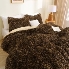 Cheetah Print Fluffy Faux Fur Comforter Set Queen Size, 3 Pieces Brown Leopard P