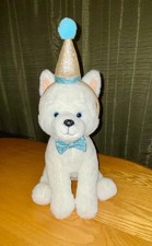 FAO Schwarz White Husky Plush/Eskimo Puppy With Blue Eyes; Bow Tie Party Hat
