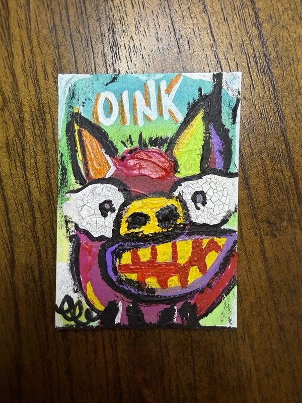“OINK” Original Miniature Cartoon Pig Painting on Paper Unframed Single Piece