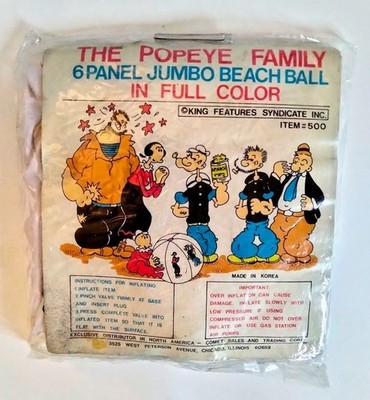 Vintage Vinyl ''The Popeye Family'' 6 Panel Jumbo Beach Ball In Full Color New
