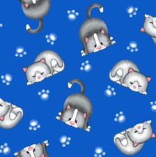 Gray Cats and Paw Prints on Blue Cotton Flannel Fabric by the Yard