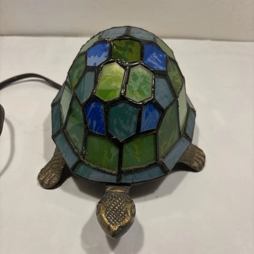 Vintage Tiffany-Style Stained Glass Turtle Accent Lamp Light In Green And Blue