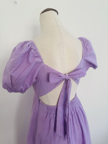 Princess Highway Cotton Midi Dress Size 8 Lilac Purple Puff Sleeve Tie Back - Picture 10 of 13