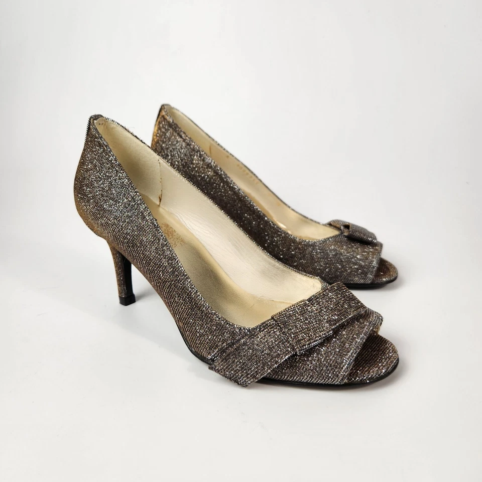 Stuart Weitzman Peep Toe Bow Heels Sparkle Glitter Womens 6 Holiday Party Preppy - Image 2 of 4
