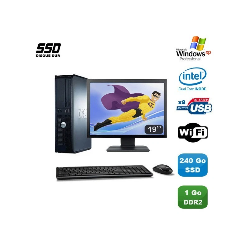Lot PC DELL Optiplex 760 DT E5200 2,5Ghz 1Go DDR2 240Go SSD WIFI XP Pro + 19" - Photo 1/1