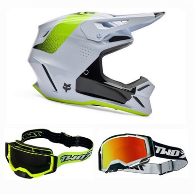 Fox Combo Cross Helmet with Goggles V3 TINE White MX Helmet Atom Cross Goggles Set