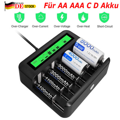 8 Slot Universal Akku Ladegerät LCD Batterieladegerät für AA AAA C D Ni-MH Ni-CD