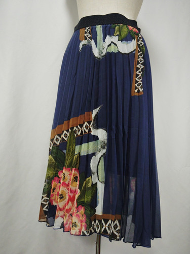 Desigual Skirt Floral Pleated Long NavyBlue Flare - Picture 1 of 7