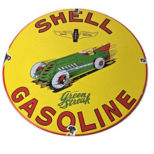 Vintage Shell Gasoline Sign - Green Streak Gas Pump Race Car Porcelain Sign