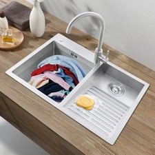 Household Laundry Sink Stainless Steel Rectangular Sink w/ Washboard  Faucet