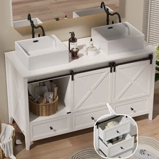 60" Bathroom Vanity Double Ceramics Sink Cabinet w/Sliding Barn Door & Drawers