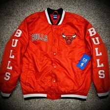 Nuovo CHICAGO BULLS BOMBER JACKET Snap Front retrò rosso look anni 90 uomo ADULTO LARGE