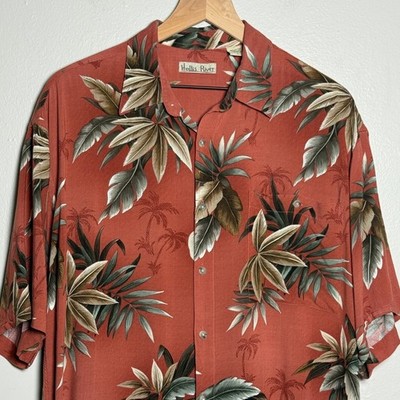 Hollis River Mens VTG Button Up Shirt Large Orange Red Hawaiian Tropical Casual