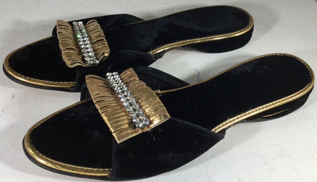 PANTOFOLA D’ORO Pantofole camera da letto piatte oro nero e cristallo decorate taglia 6 1 2