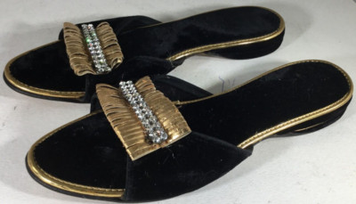 Bedroom slippers flat black gold & crystal decorated Size 6-1/2