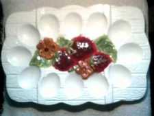 LONE STAR vintage Deviled Egg white ceramic tray w/ flowers & strawberry decor