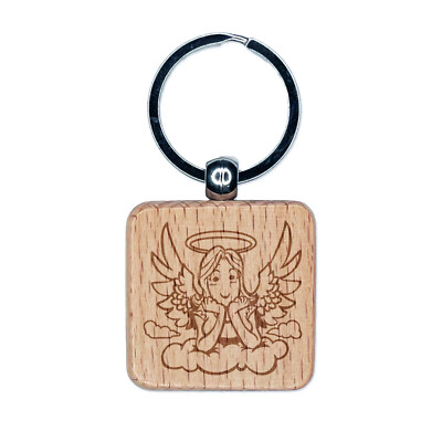 Angel Looking Down from Clouds Engraved Wood Square Keychain Tag