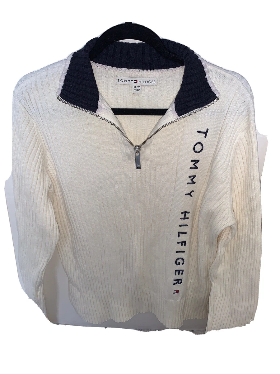 Tommy Hilfiger Women s Mock Neck Quarter Zip Sweater White Size XL Spell Out