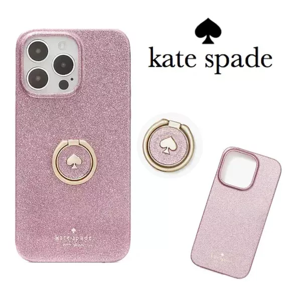 KATE SPADE Pink Glitter Gold Logo Ring Stand Grip iPhone 14 PRO MAX Hard Case
