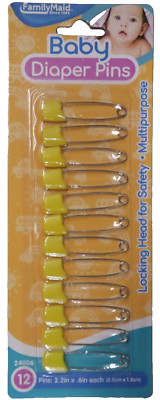 YELLOW Baby Diaper Pins Safety Pin Lock Cloth Changing Locking Clip 12 pack  NEW