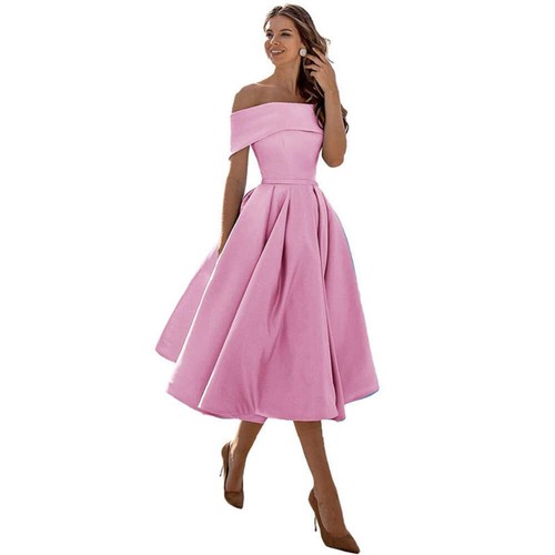 Women's Fashion Casual Strapless Satin Party Dress Off The Shoulder Tea Length S - Picture 71 of 106