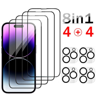 4x Full Screen Panzerfolie für iPhone 14 15 16 17 Pro Max + 4x Kameraschutz Glas