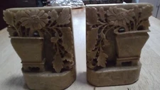 PAIR OF ANTIQUE HAND CARVED SOAPSTONE FIGURAL BOOKENDS VASE / FLOWERS CHINA  5"