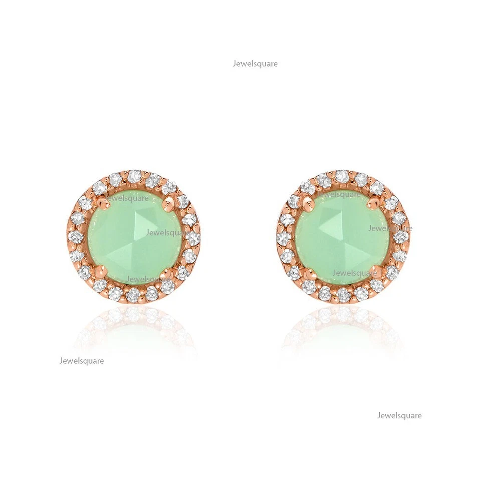 Aretes con halo de diamantes naturales y crisoprasa real de 0,90 quilates de oro rosa de 14 k Foto 4 de 4