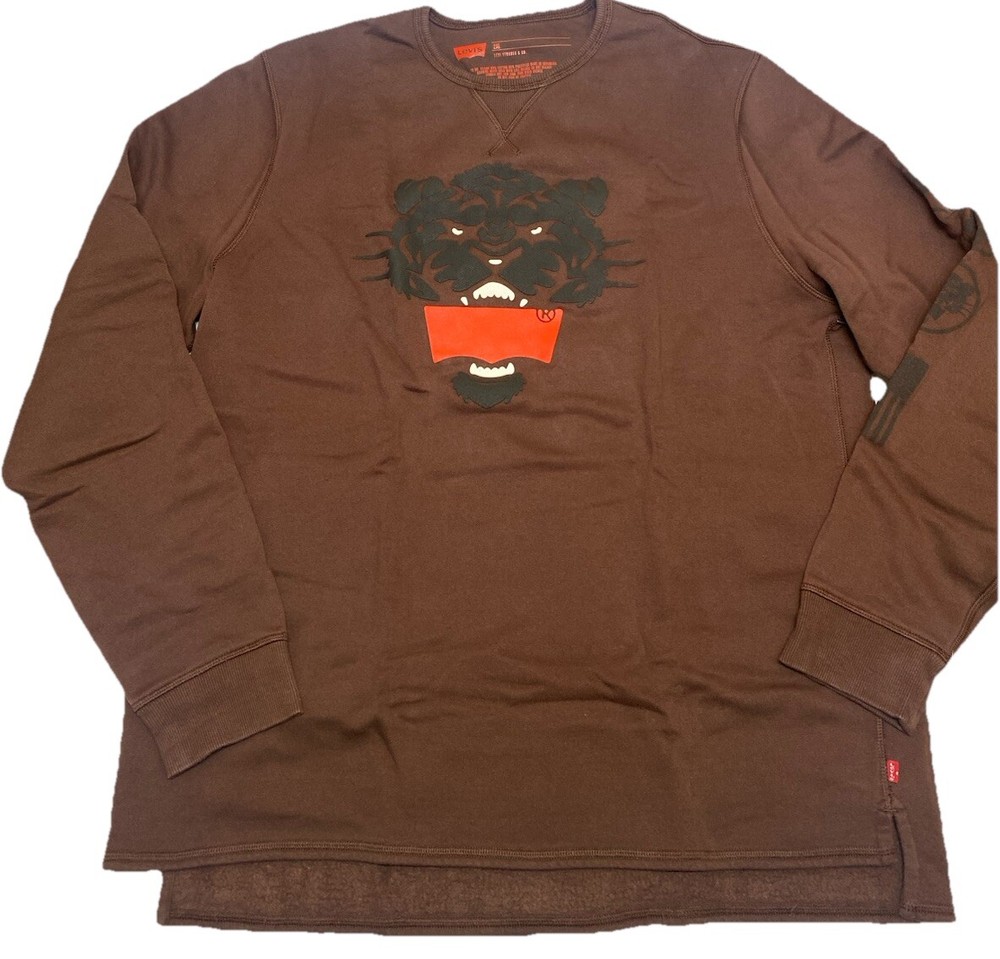 Levis Brown Fleece Crewneck Tiger Embroidered Sweatshirt Men 2XL
