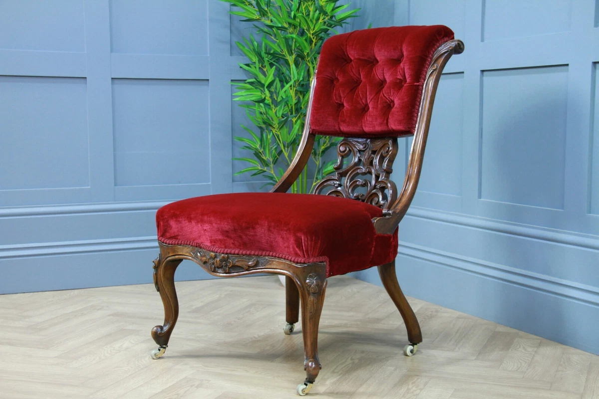 Antique Victorian Carved Fretwork Velvet Buttoned Back Walnut Nursing Chair 1860
