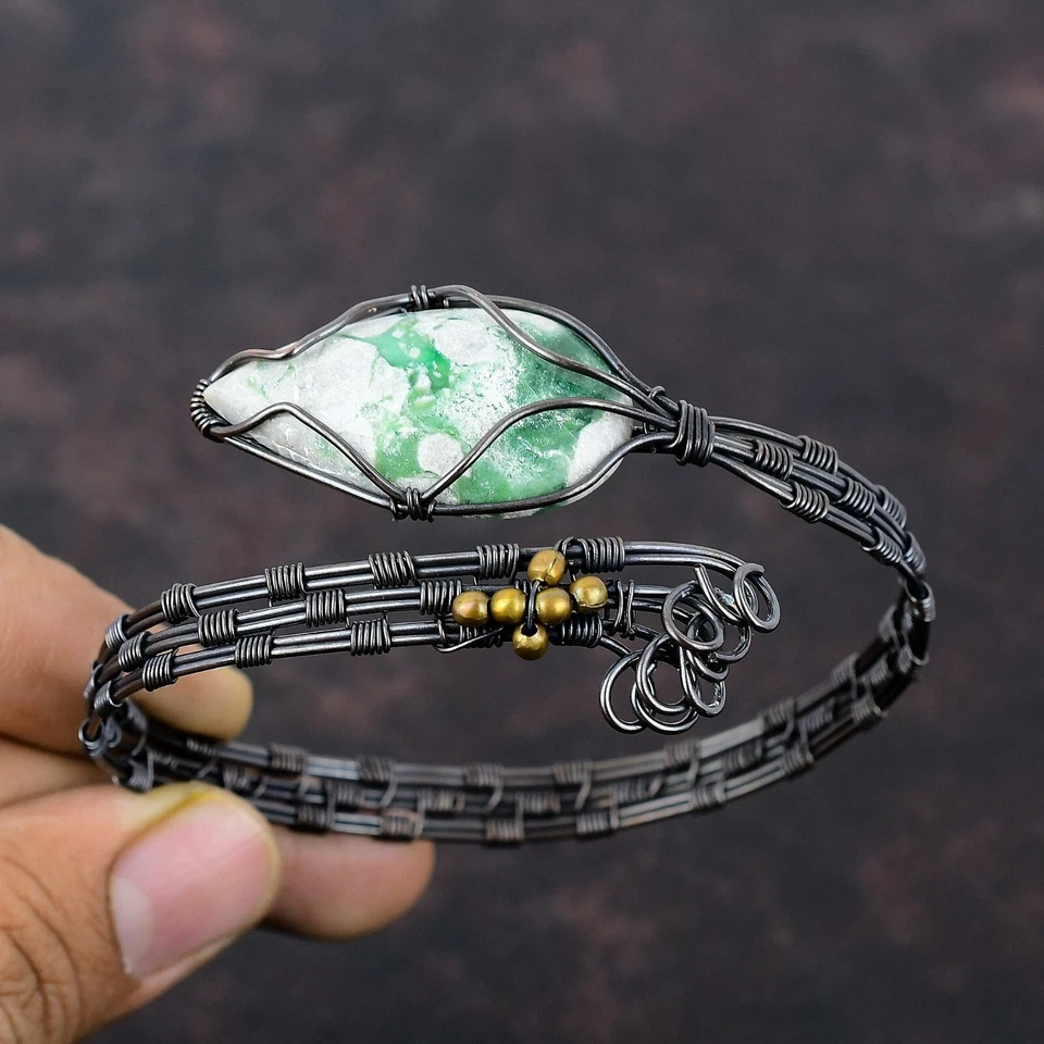 Brazalete ajustable envuelto en alambre de cobre joyería de piedras preciosas de variscita para niñas Foto 3 de 4