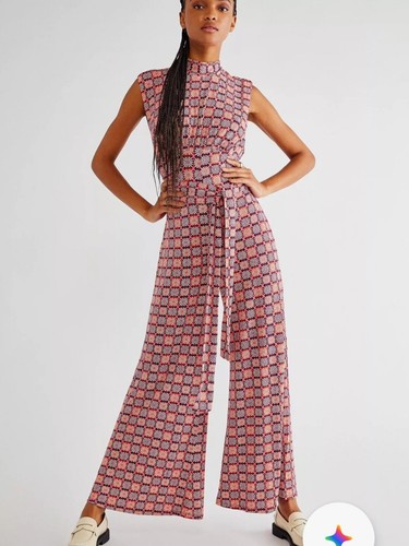 FREE PEOPLE VIBE CHECK ONE PIECE JUMPSUIT WIDE LEG PRINTED JUMPER Size XL EUC