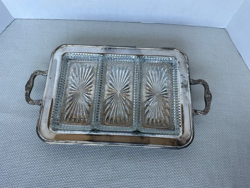 Vintage Silverplate Footed Olive Relish Serving Tray with 3 Glass Inserts 17x10