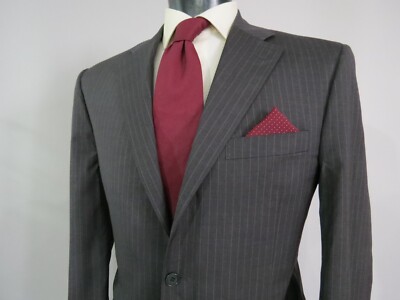 Recent Canali 1934 Italy charcoal chalk stripe side vent flat front suit 44 R