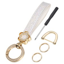 Leather Wristlet Keychain, 5.5" Car Key Chain with Key Ring and D Ring, White