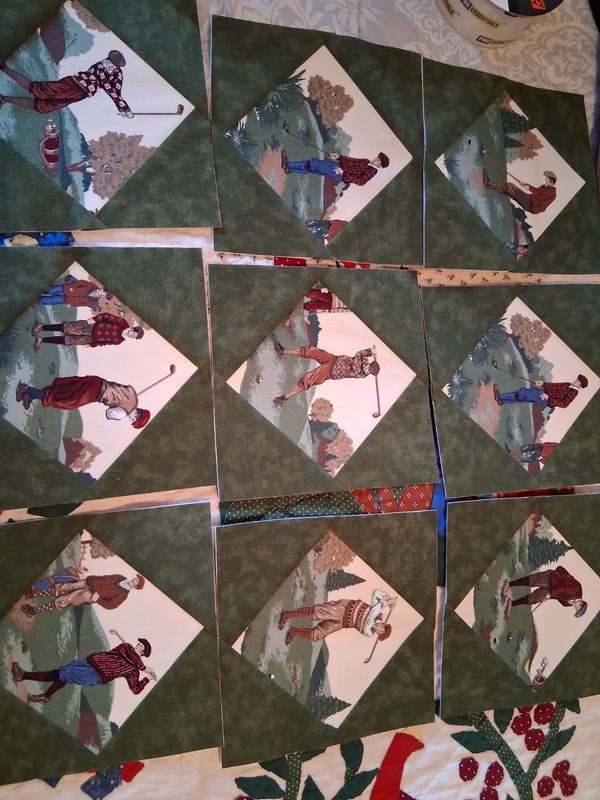 9 Handsewn Golfer Squares For Quilt, Pieced, All Different Scenes