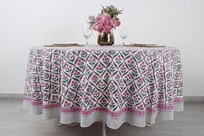 Round Tablecloth Hand Block Print Cotton Reusable 90" Round Pink and White