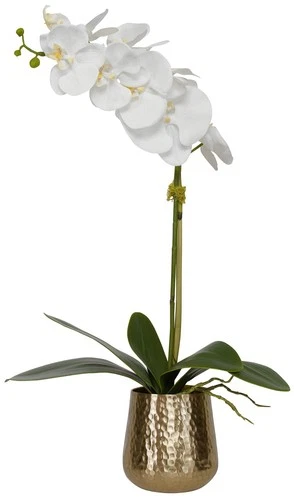 Potted Faux Artificial Flowers Realistic White Orchid in Brass Pot Home Decor - Picture 2 of 3